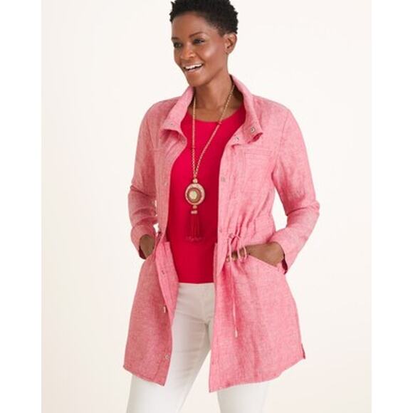 Chico's Red Cross Dye Linen Utility Jacket Adjustable Waist Chico's Size 4 NWT - Picture 10 of 12